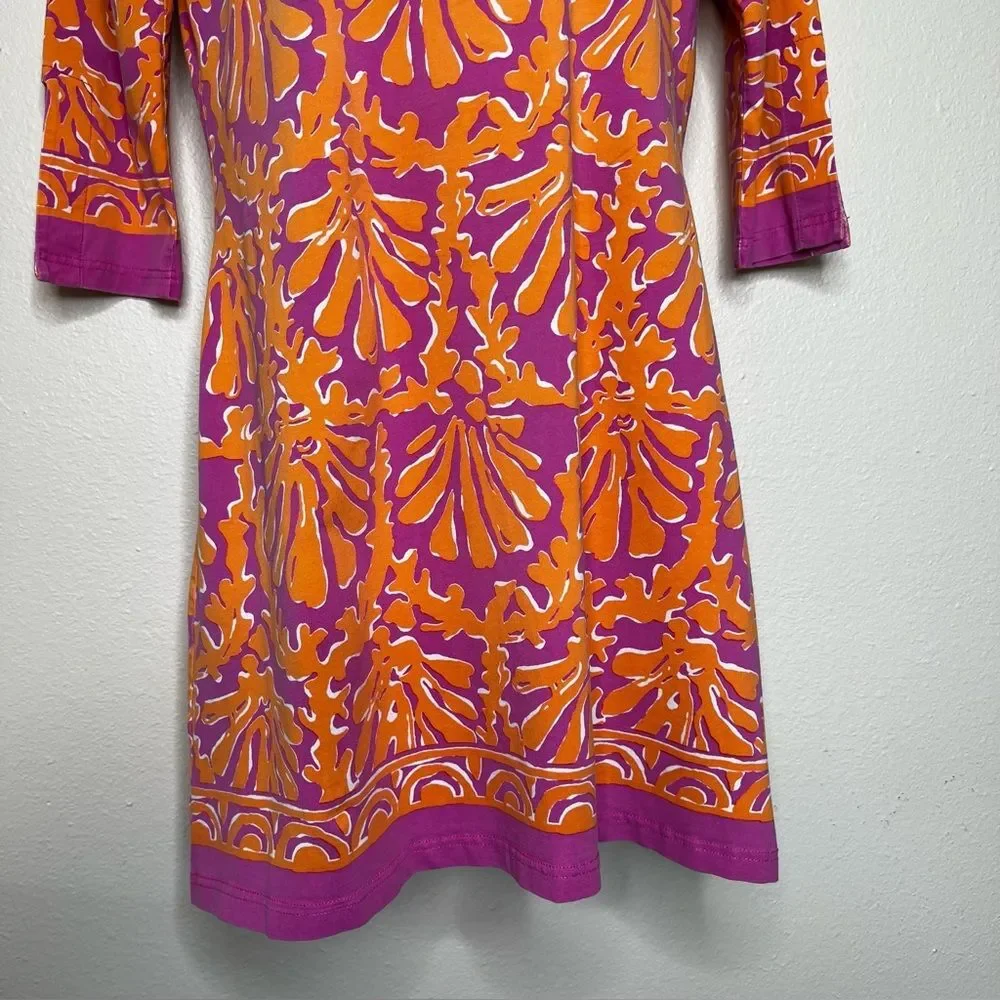 Barbara Gerwit Orange Pink Coral Print Tunic Shift Dress 3/4 Sleeve Women Medium